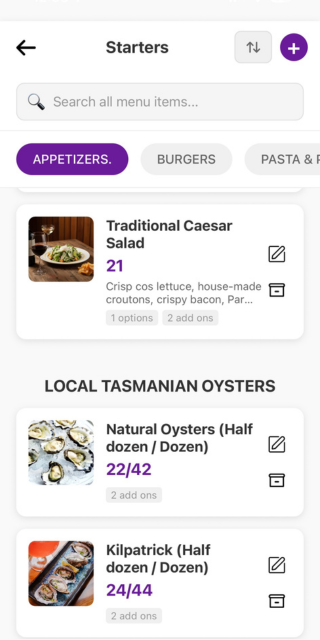 TapMenu Edit Menu page